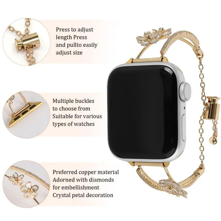 Bracelet de montre en cuivre incrusté de zircon à motif floral à 5 ​​pétales, compatible avec Apple Watch 46 mm / 49 mm / 45 mm / 44 mm et Apple Watch 42 mm / 41 mm / 40 mm / 38 mm.