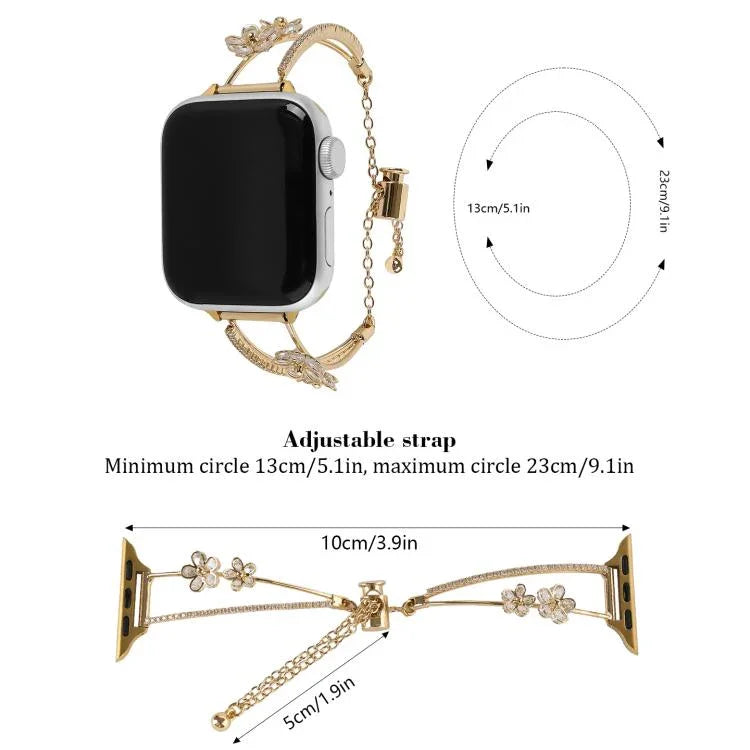 Bracelet de montre en cuivre incrusté de zircon à motif floral à 5 ​​pétales, compatible avec Apple Watch 46 mm / 49 mm / 45 mm / 44 mm et Apple Watch 42 mm / 41 mm / 40 mm / 38 mm.