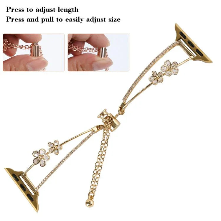 Bracelet de montre en cuivre incrusté de zircon à motif floral à 5 ​​pétales, compatible avec Apple Watch 46 mm / 49 mm / 45 mm / 44 mm et Apple Watch 42 mm / 41 mm / 40 mm / 38 mm.