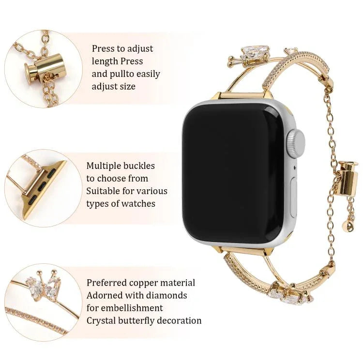 Bracelet de montre en zircon papillon incrusté de cuivre, compatible avec Apple Watch 46 mm / 49 mm / 45 mm / 44 mm et Apple Watch 42 mm / 41 mm / 40 mm / 38 mm