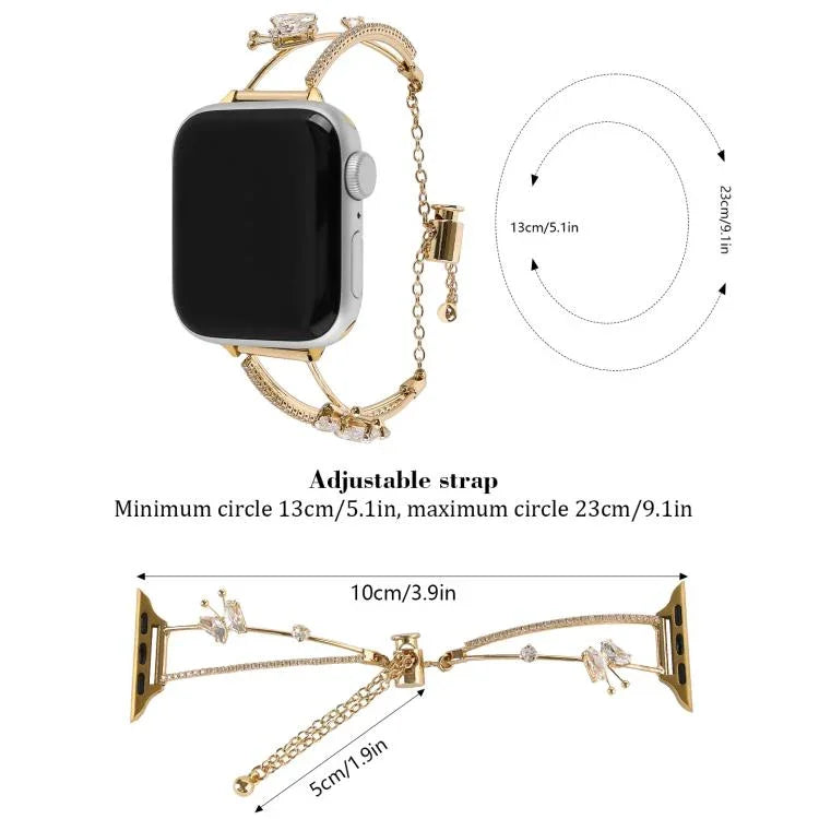 Bracelet de montre en zircon papillon incrusté de cuivre, compatible avec Apple Watch 46 mm / 49 mm / 45 mm / 44 mm et Apple Watch 42 mm / 41 mm / 40 mm / 38 mm