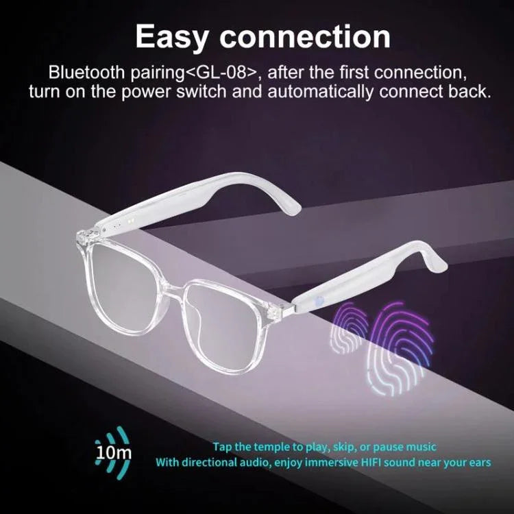 Lunettes intelligentes GL08 : commandes tactiles, microphone intégré pour les appels et expérience audio immersive.