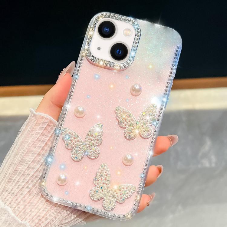 Coque de téléphone antichoc à quatre coins avec papillon perlé pailleté diamant, pour iPhone 13