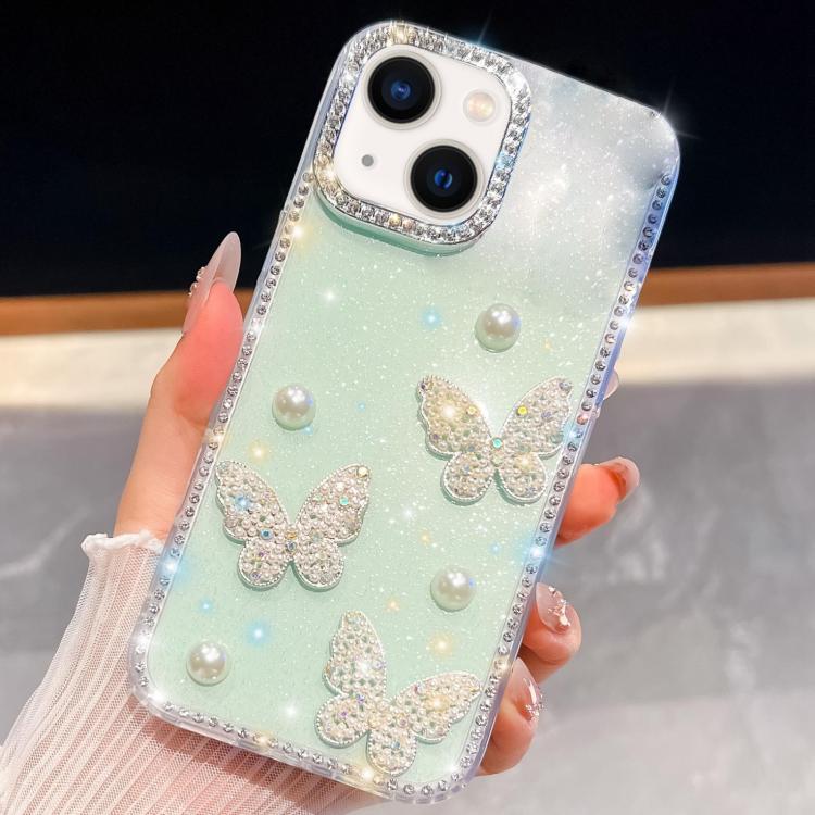 Coque de téléphone antichoc à quatre coins avec papillon perlé pailleté diamant, pour iPhone 13