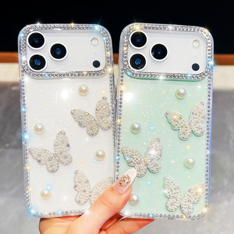 Coque de téléphone antichoc à quatre coins avec papillon perlé pailleté diamant, pour iPhone 13