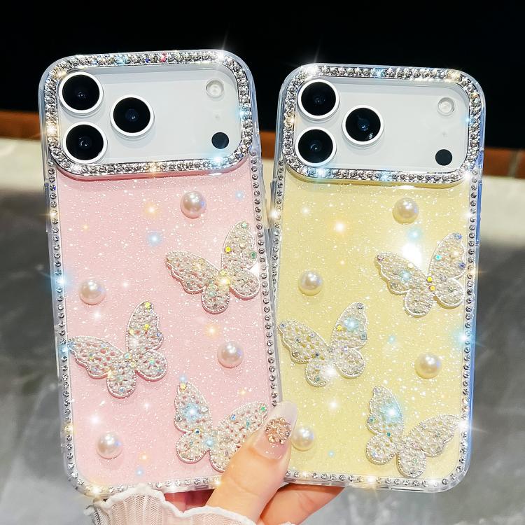 Coque de téléphone antichoc à quatre coins avec papillon perlé pailleté diamant, pour iPhone 13