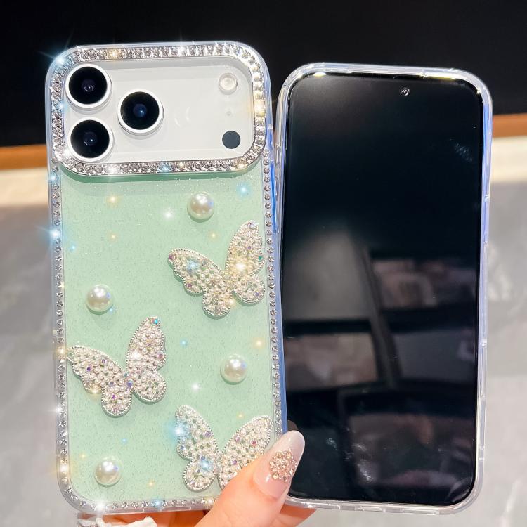 Coque de téléphone antichoc à quatre coins avec papillon perlé pailleté diamant, pour iPhone 13