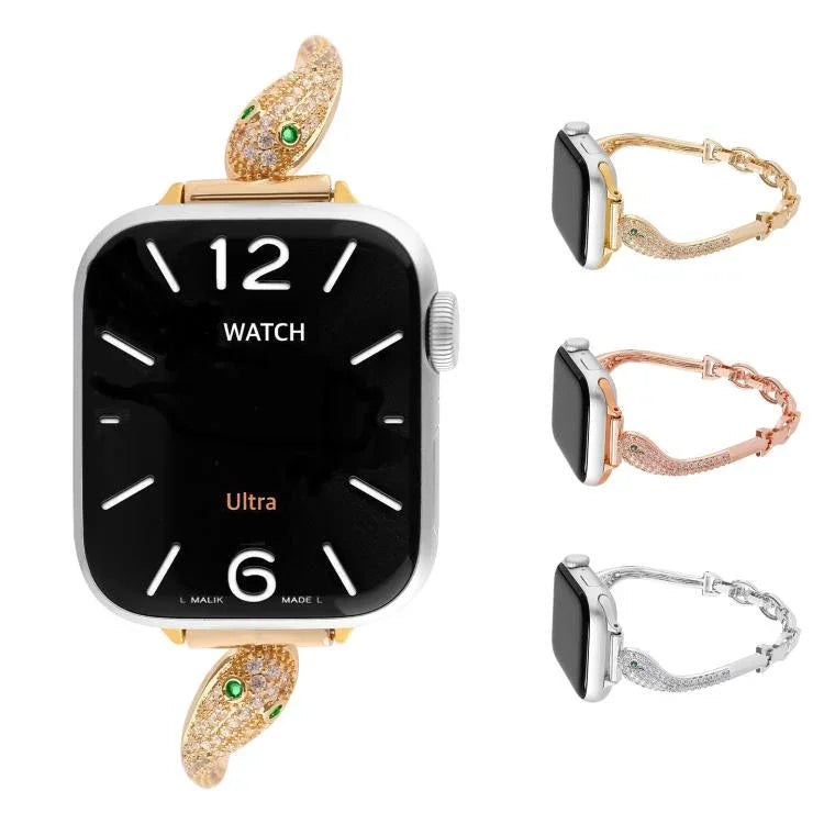 Bracelet de montre en cuivre avec incrustation de zircon et motif tête de serpent, compatible avec Apple Watch 46 mm / 49 mm / 45 mm / 44 mm et Apple Watch 42 mm / 41 mm / 40 mm / 38 mm.