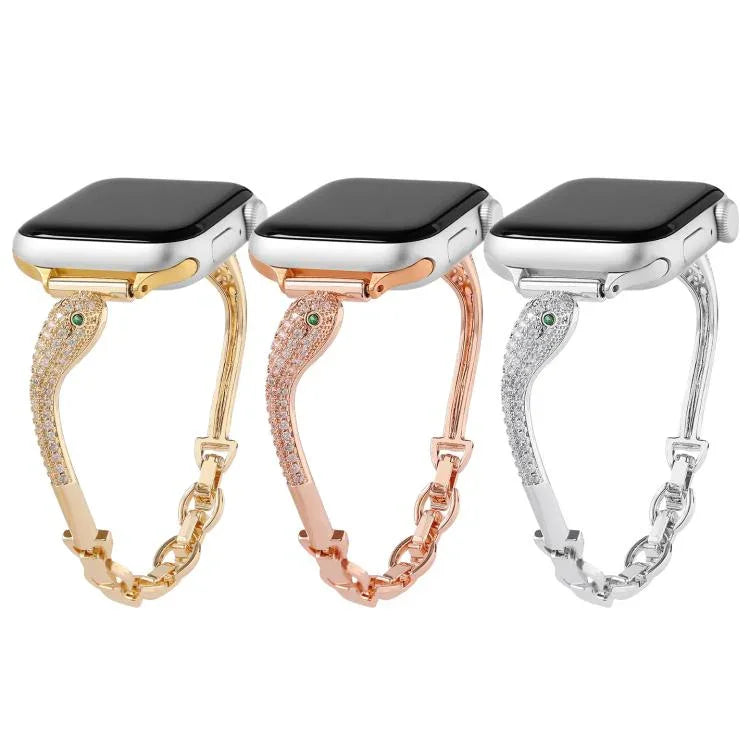 Bracelet de montre en cuivre avec incrustation de zircon et motif tête de serpent, compatible avec Apple Watch 46 mm / 49 mm / 45 mm / 44 mm et Apple Watch 42 mm / 41 mm / 40 mm / 38 mm.