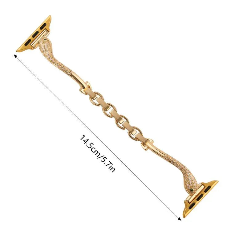 Bracelet de montre en cuivre avec incrustation de zircon et motif tête de serpent, compatible avec Apple Watch 46 mm / 49 mm / 45 mm / 44 mm et Apple Watch 42 mm / 41 mm / 40 mm / 38 mm.