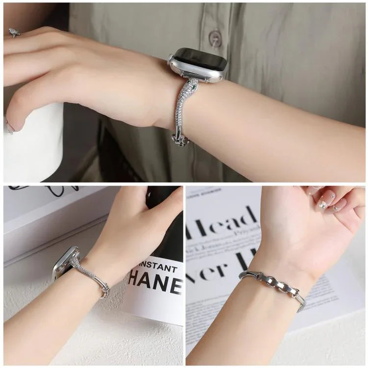 Bracelet de montre en cuivre avec incrustation de zircon et motif tête de serpent, compatible avec Apple Watch 46 mm / 49 mm / 45 mm / 44 mm et Apple Watch 42 mm / 41 mm / 40 mm / 38 mm.