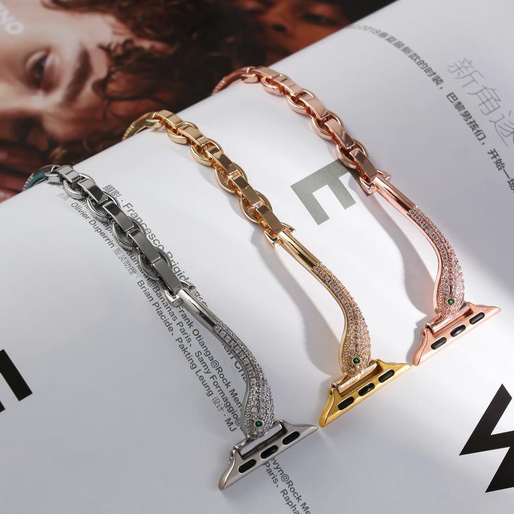 Bracelet de montre en cuivre avec incrustation de zircon et motif tête de serpent, compatible avec Apple Watch 46 mm / 49 mm / 45 mm / 44 mm et Apple Watch 42 mm / 41 mm / 40 mm / 38 mm.