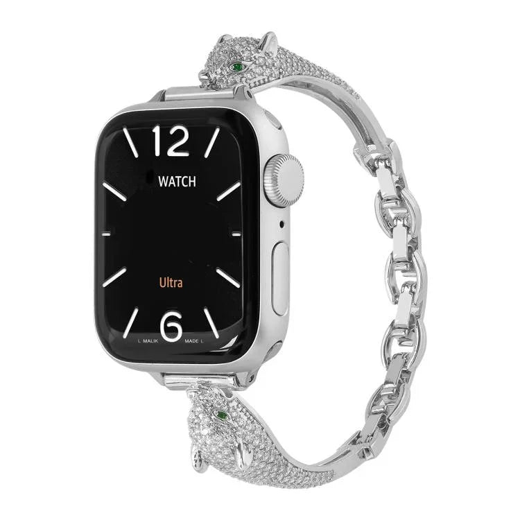Bracelet de montre à motif tête de léopard en zircon incrusté de cuivre, compatible avec Apple Watch 46 mm / 49 mm / 45 mm / 44 mm et Apple Watch 42 mm / 41 mm / 40 mm / 38 mm.