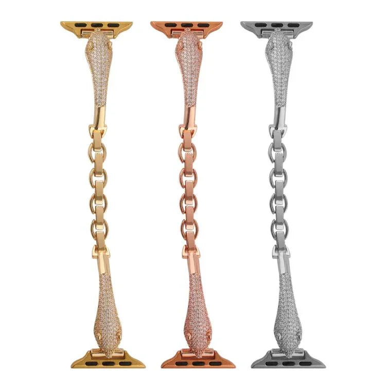 Bracelet de montre à motif tête de léopard en zircon incrusté de cuivre, compatible avec Apple Watch 46 mm / 49 mm / 45 mm / 44 mm et Apple Watch 42 mm / 41 mm / 40 mm / 38 mm.