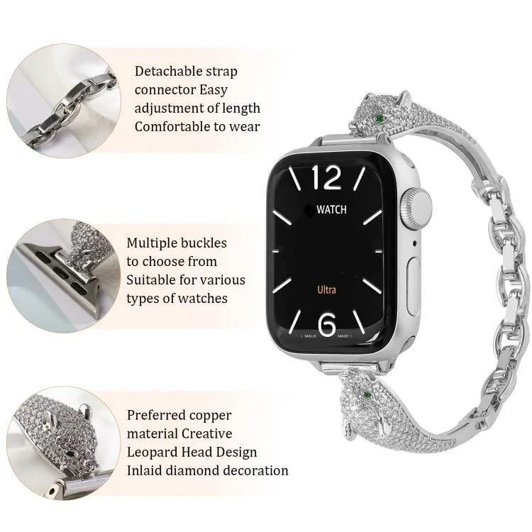 Bracelet de montre à motif tête de léopard en zircon incrusté de cuivre, compatible avec Apple Watch 46 mm / 49 mm / 45 mm / 44 mm et Apple Watch 42 mm / 41 mm / 40 mm / 38 mm.
