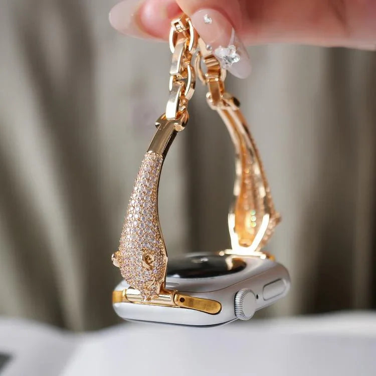 Bracelet de montre à motif tête de léopard en zircon incrusté de cuivre, compatible avec Apple Watch 46 mm / 49 mm / 45 mm / 44 mm et Apple Watch 42 mm / 41 mm / 40 mm / 38 mm.