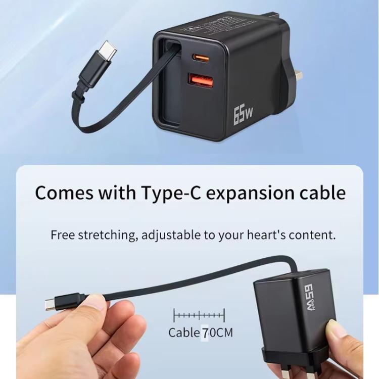 Câble rétractable 3-en-1 FC1 70cm Type-C, chargeur téléphone USB PD3.0, QC3.0, prise EU, prise EU