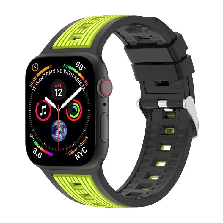 Bracelet de montre en silicone à rayures verticales bicolores, compatible avec les Apple Watch 46 mm / 49 mm / 45 mm / 44 mm et 42 mm / 41 mm / 40 mm / 38 mm.