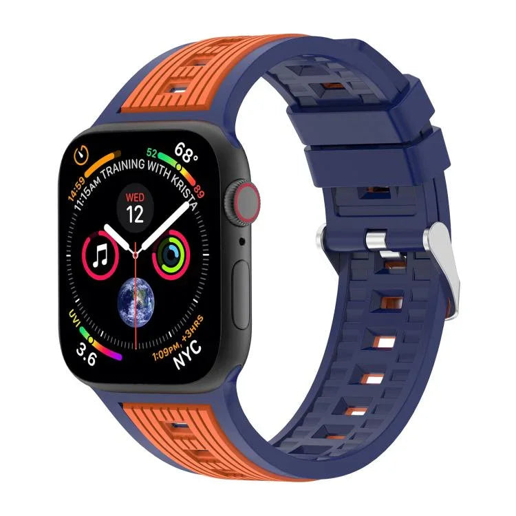 Bracelet de montre en silicone à rayures verticales bicolores, compatible avec les Apple Watch 46 mm / 49 mm / 45 mm / 44 mm et 42 mm / 41 mm / 40 mm / 38 mm.