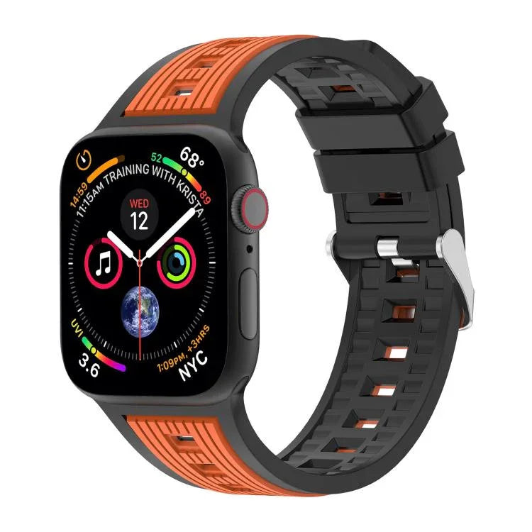 Bracelet de montre en silicone à rayures verticales bicolores, compatible avec les Apple Watch 46 mm / 49 mm / 45 mm / 44 mm et 42 mm / 41 mm / 40 mm / 38 mm.
