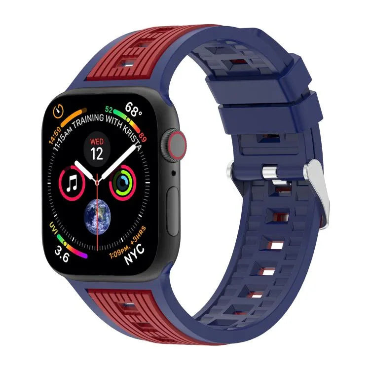 Bracelet de montre en silicone à rayures verticales bicolores, compatible avec les Apple Watch 46 mm / 49 mm / 45 mm / 44 mm et 42 mm / 41 mm / 40 mm / 38 mm.