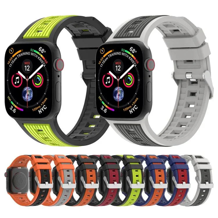 Bracelet de montre en silicone à rayures verticales bicolores, compatible avec les Apple Watch 46 mm / 49 mm / 45 mm / 44 mm et 42 mm / 41 mm / 40 mm / 38 mm.