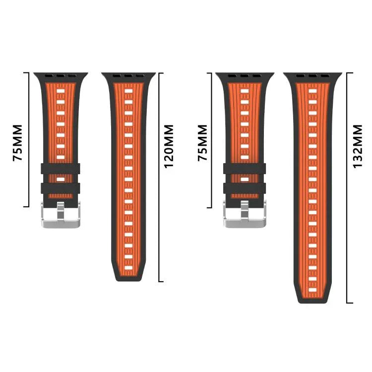 Bracelet de montre en silicone à rayures verticales bicolores, compatible avec les Apple Watch 46 mm / 49 mm / 45 mm / 44 mm et 42 mm / 41 mm / 40 mm / 38 mm.