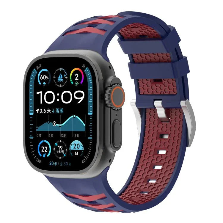 Bracelet de montre en silicone bicolore à texture pneu, compatible avec Apple Watch 46 mm / 49 mm / 45 mm / 44 mm et Apple Watch 42 mm / 41 mm / 40 mm / 38 mm.
