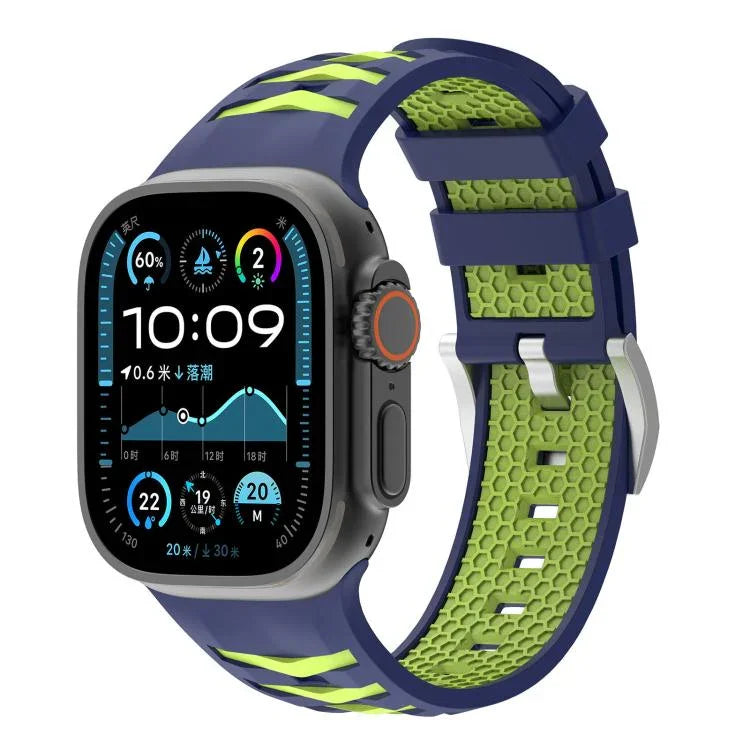 Bracelet de montre en silicone bicolore à texture pneu, compatible avec Apple Watch 46 mm / 49 mm / 45 mm / 44 mm et Apple Watch 42 mm / 41 mm / 40 mm / 38 mm.