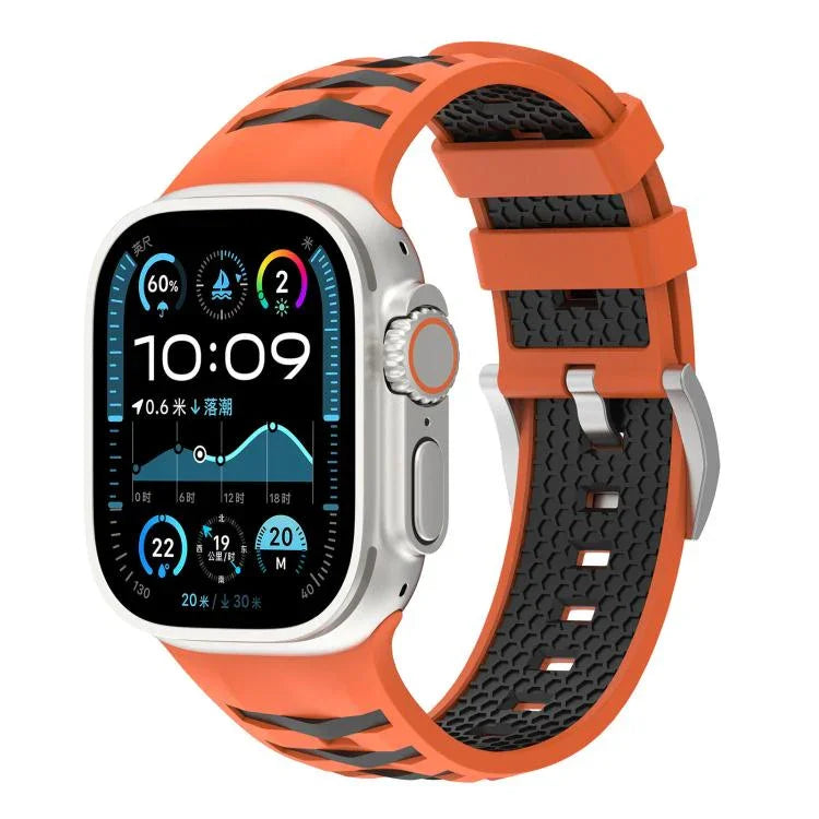 Bracelet de montre en silicone bicolore à texture pneu, compatible avec Apple Watch 46 mm / 49 mm / 45 mm / 44 mm et Apple Watch 42 mm / 41 mm / 40 mm / 38 mm.