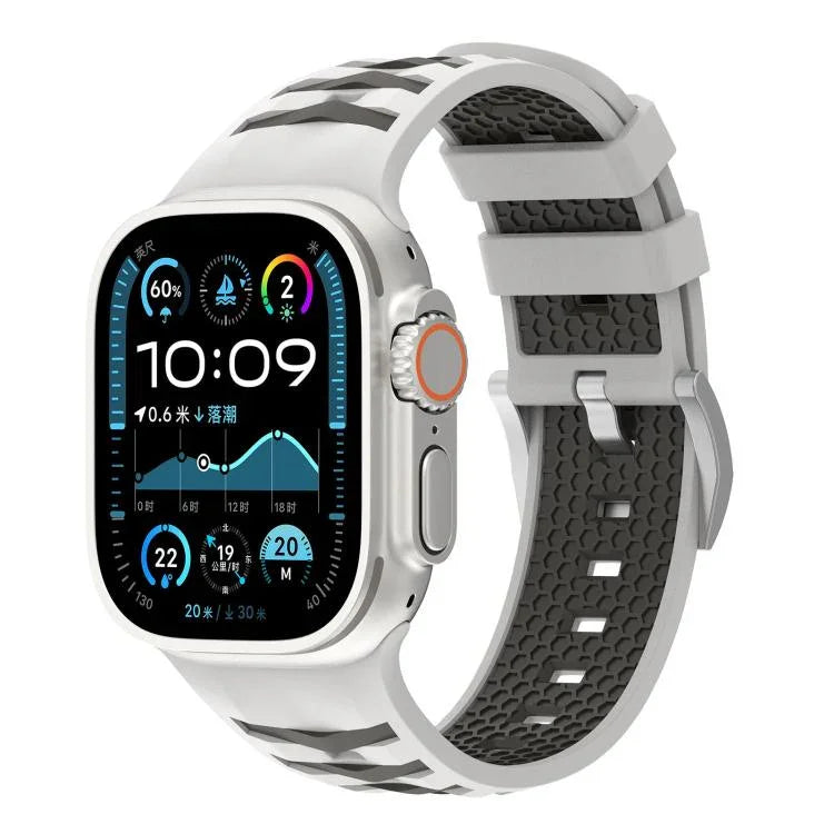 Bracelet de montre en silicone bicolore à texture pneu, compatible avec Apple Watch 46 mm / 49 mm / 45 mm / 44 mm et Apple Watch 42 mm / 41 mm / 40 mm / 38 mm.