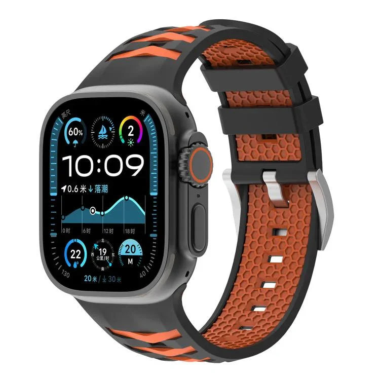 Bracelet de montre en silicone bicolore à texture pneu, compatible avec Apple Watch 46 mm / 49 mm / 45 mm / 44 mm et Apple Watch 42 mm / 41 mm / 40 mm / 38 mm.