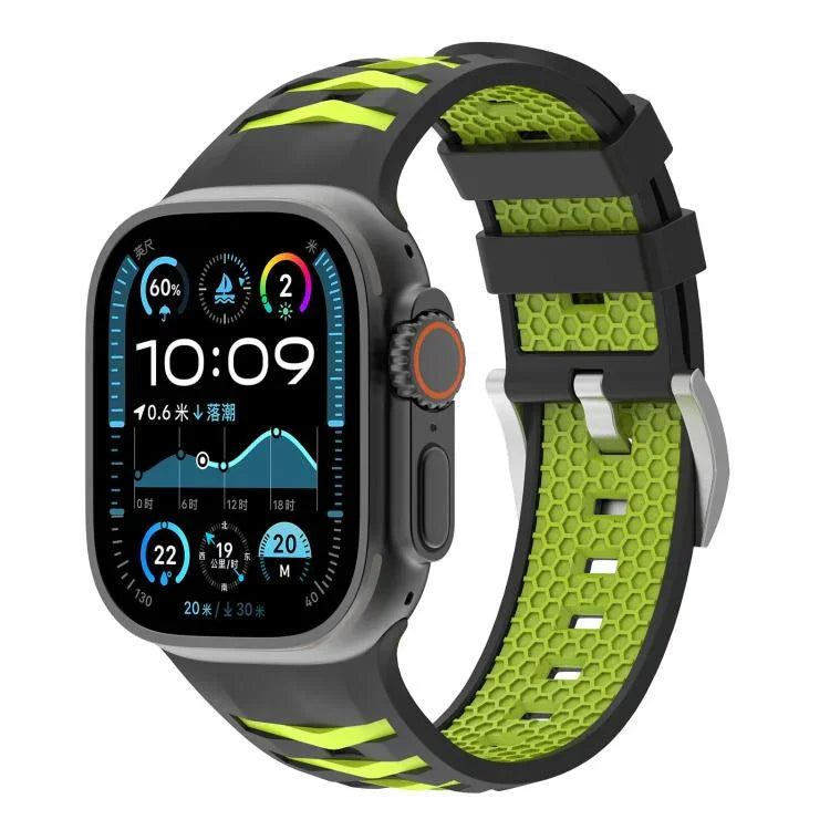 Bracelet de montre en silicone bicolore à texture pneu, compatible avec Apple Watch 46 mm / 49 mm / 45 mm / 44 mm et Apple Watch 42 mm / 41 mm / 40 mm / 38 mm.