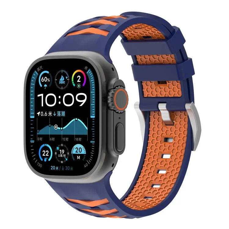 Bracelet de montre en silicone bicolore à texture pneu, compatible avec Apple Watch 46 mm / 49 mm / 45 mm / 44 mm et Apple Watch 42 mm / 41 mm / 40 mm / 38 mm.