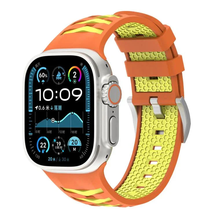 Bracelet de montre en silicone bicolore à texture pneu, compatible avec Apple Watch 46 mm / 49 mm / 45 mm / 44 mm et Apple Watch 42 mm / 41 mm / 40 mm / 38 mm.