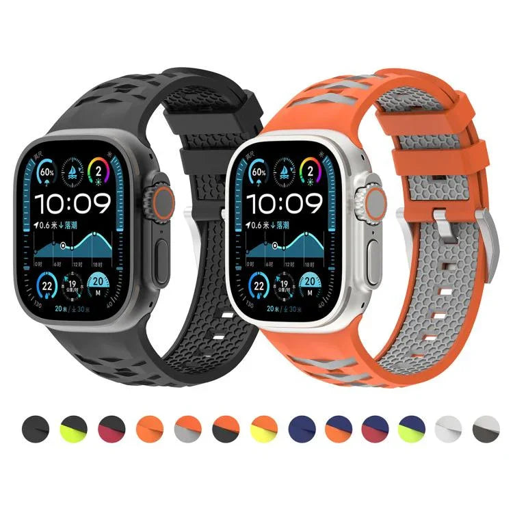 Bracelet de montre en silicone bicolore à texture pneu, compatible avec Apple Watch 46 mm / 49 mm / 45 mm / 44 mm et Apple Watch 42 mm / 41 mm / 40 mm / 38 mm.