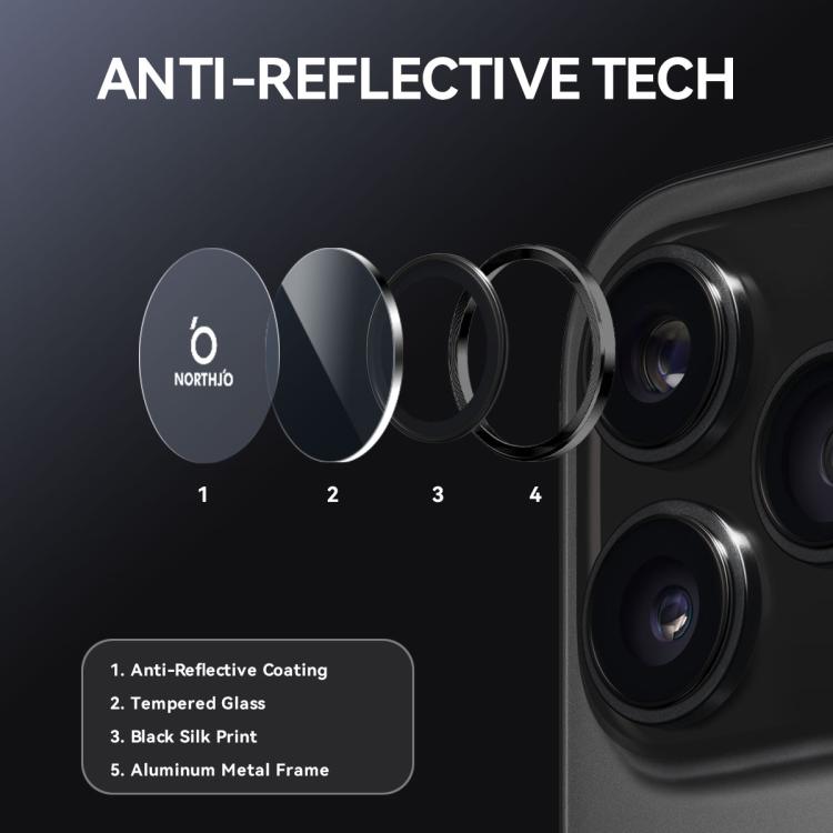 Protecteur d'objectif d'appareil photo NORTHJO Film en verre trempé avec anneau métallique CD, pour iPhone 17 Pro / 17 Pro Max