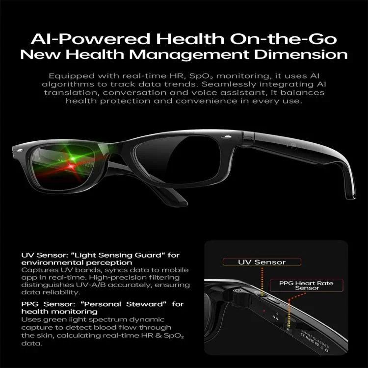 Lunettes intelligentes W300, avec détection des ultraviolets UV, traduction intelligente par IA et appels Bluetooth