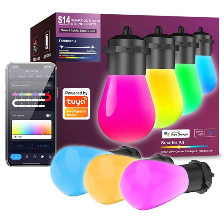 Guirlande lumineuse intelligente WiFi RVB IC étanche IP65 S14 12M 20 ampoules avec application et télécommande Bluetooth
