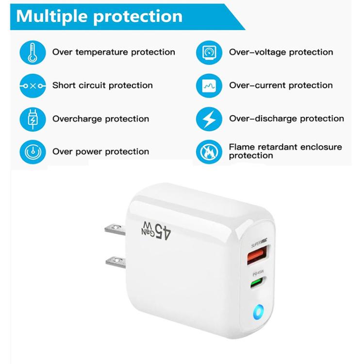 Chargeur compatible avec protocoles GaN 45W PD3.0 + QC3.0 pour ordinateurs portables / tablettes, prise US, prise US