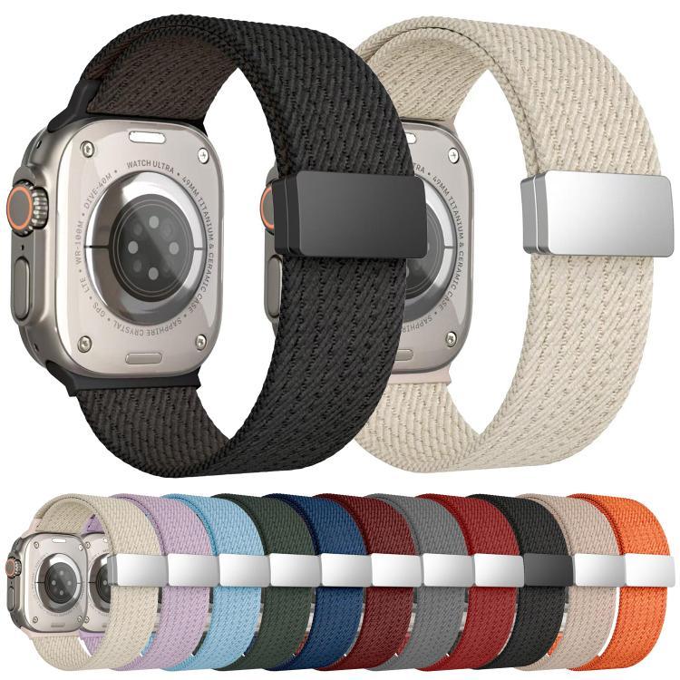 Bracelet de montre en nylon élastique à quatre brins, fermeture magnétique monochrome, compatible avec Apple Watch 46 mm / 49 mm / 45 mm / 44 mm et Apple Watch 42 mm / 41 mm / 40 mm / 38 mm.