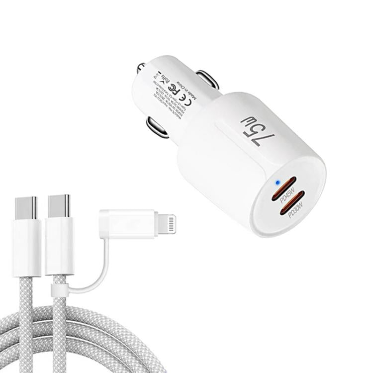 Chargeur de voiture à charge rapide double port Type-C x 2 TE-P66 75W avec câble de données Type-C vers Type-C / 8 broches, TE-P66 avec câble