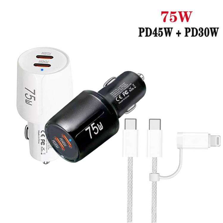 Chargeur de voiture à charge rapide double port Type-C x 2 TE-P66 75W avec câble de données Type-C vers Type-C / 8 broches, TE-P66 avec câble