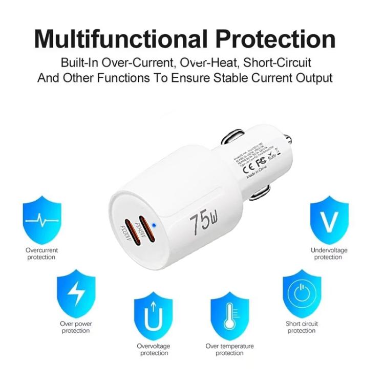 Chargeur de voiture à charge rapide double port Type-C x 2 TE-P66 75W avec câble de données Type-C vers Type-C / 8 broches, TE-P66 avec câble