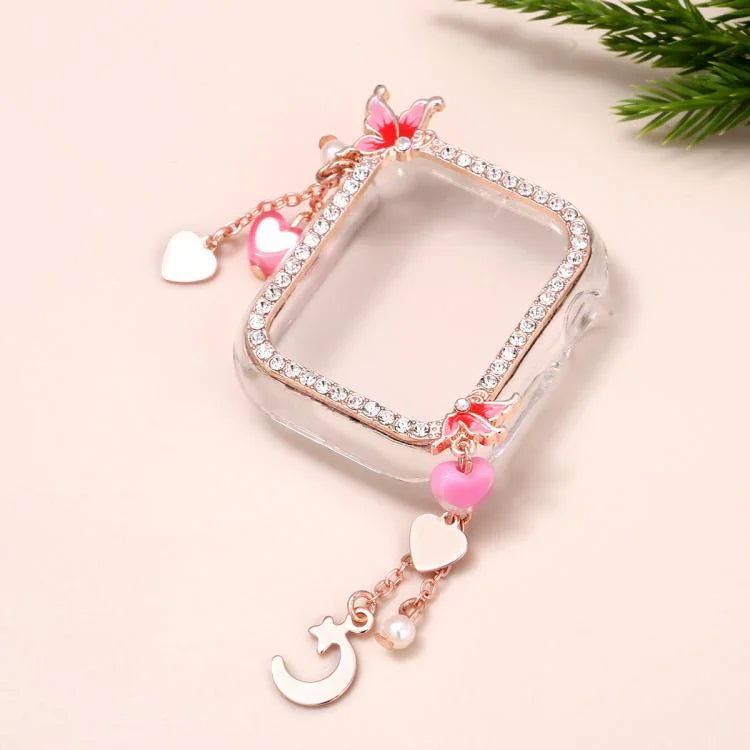 Boîtier de montre en polycarbonate ajouré avec pompon et diamant unique, pour Apple Watch Series 6/5/4 et SE 44 mm, pour Apple Watch Series 6/5/4 et SE 40 mm, pour Apple Watch Series 9/8/7 45 mm, pour Apple Watch Series 9/8/7 41 mm
