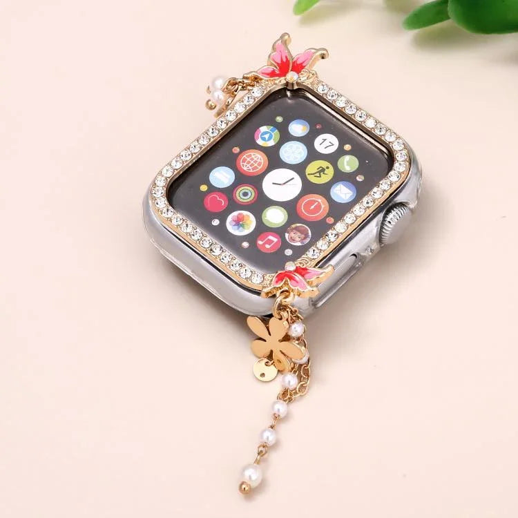 Boîtier de montre en polycarbonate ajouré avec pompon et diamant unique, pour Apple Watch Series 6/5/4 et SE 44 mm, pour Apple Watch Series 6/5/4 et SE 40 mm, pour Apple Watch Series 9/8/7 45 mm, pour Apple Watch Series 9/8/7 41 mm
