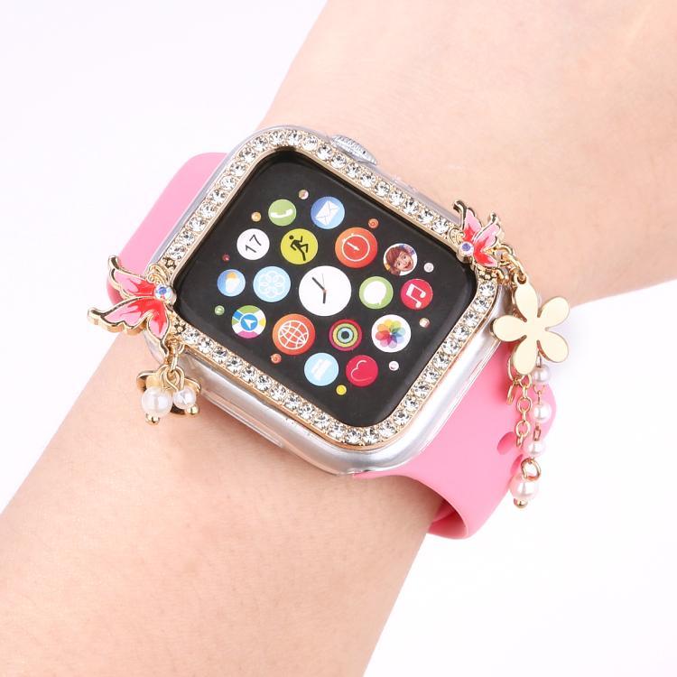Boîtier de montre en polycarbonate ajouré avec pompon et diamant unique, pour Apple Watch Series 6/5/4 et SE 44 mm, pour Apple Watch Series 6/5/4 et SE 40 mm, pour Apple Watch Series 9/8/7 45 mm, pour Apple Watch Series 9/8/7 41 mm