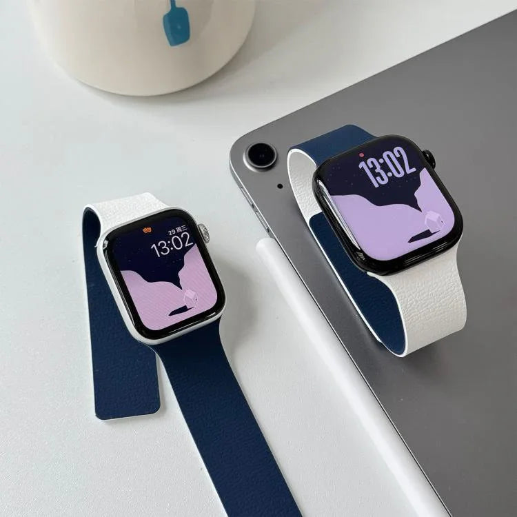 Bracelet de montre magnétique en silicone texturé litchi bicolore, compatible avec Apple Watch 46 mm / 49 mm / 45 mm / 44 mm et Apple Watch 42 mm / 41 mm / 40 mm / 38 mm.