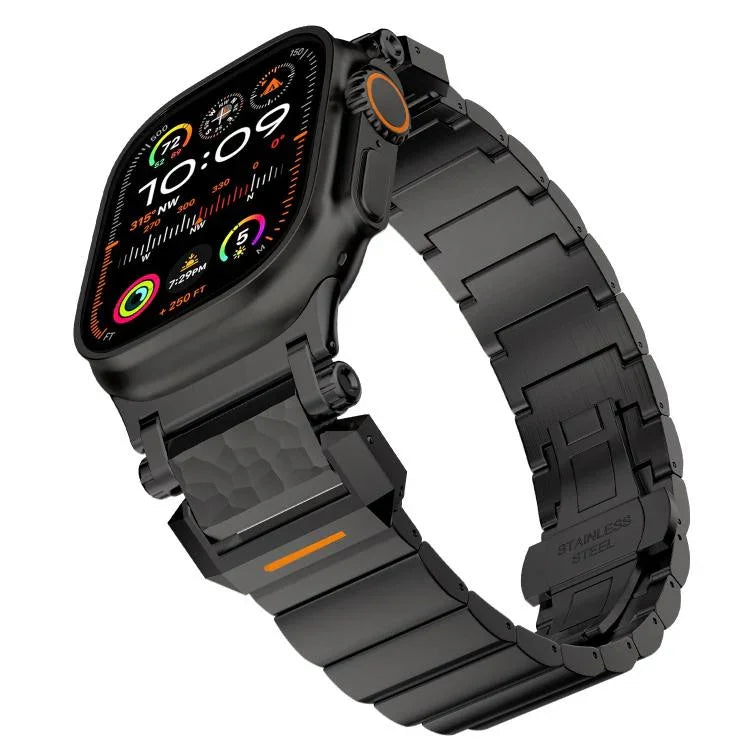 Bracelet de montre en alliage de titane avec boucle papillon à motif marteau, tête en acier inoxydable et une perle, compatible avec Apple Watch 46 mm / 49 mm / 45 mm / 44 mm