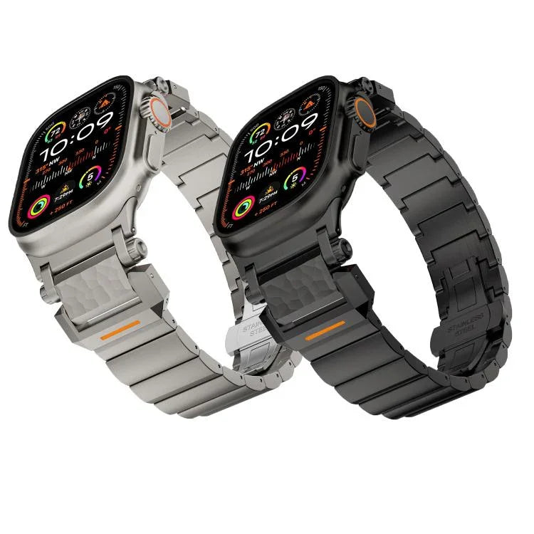 Bracelet de montre en alliage de titane avec boucle papillon à motif marteau, tête en acier inoxydable et une perle, compatible avec Apple Watch 46 mm / 49 mm / 45 mm / 44 mm